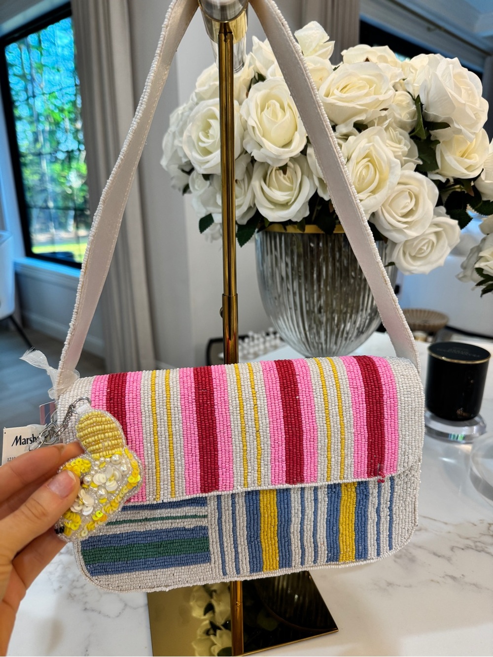 Viral Beaded Multi-Color Striped Shoulder Bag - Pink, Yellow & Blue